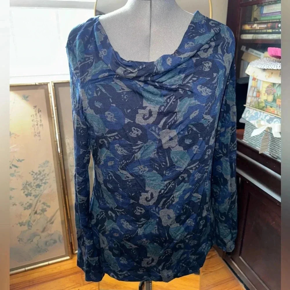 Ibex E.U.C. Diana Cowl Neck Sweater Size Xl blue/Pewter Merino Wool Soft Stretch